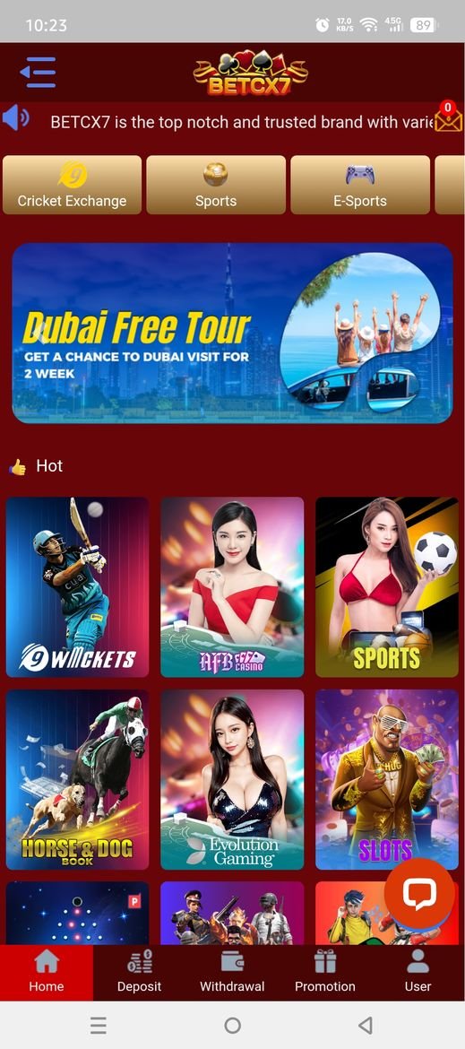 BetCX7 app home screen with Cricket Exchange, Sports and E-Sports