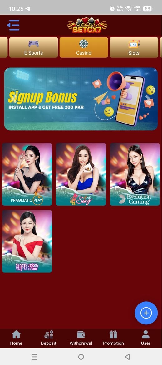 BetCX7 app casino lobby with Pragmatic Play and Evolution Gaming